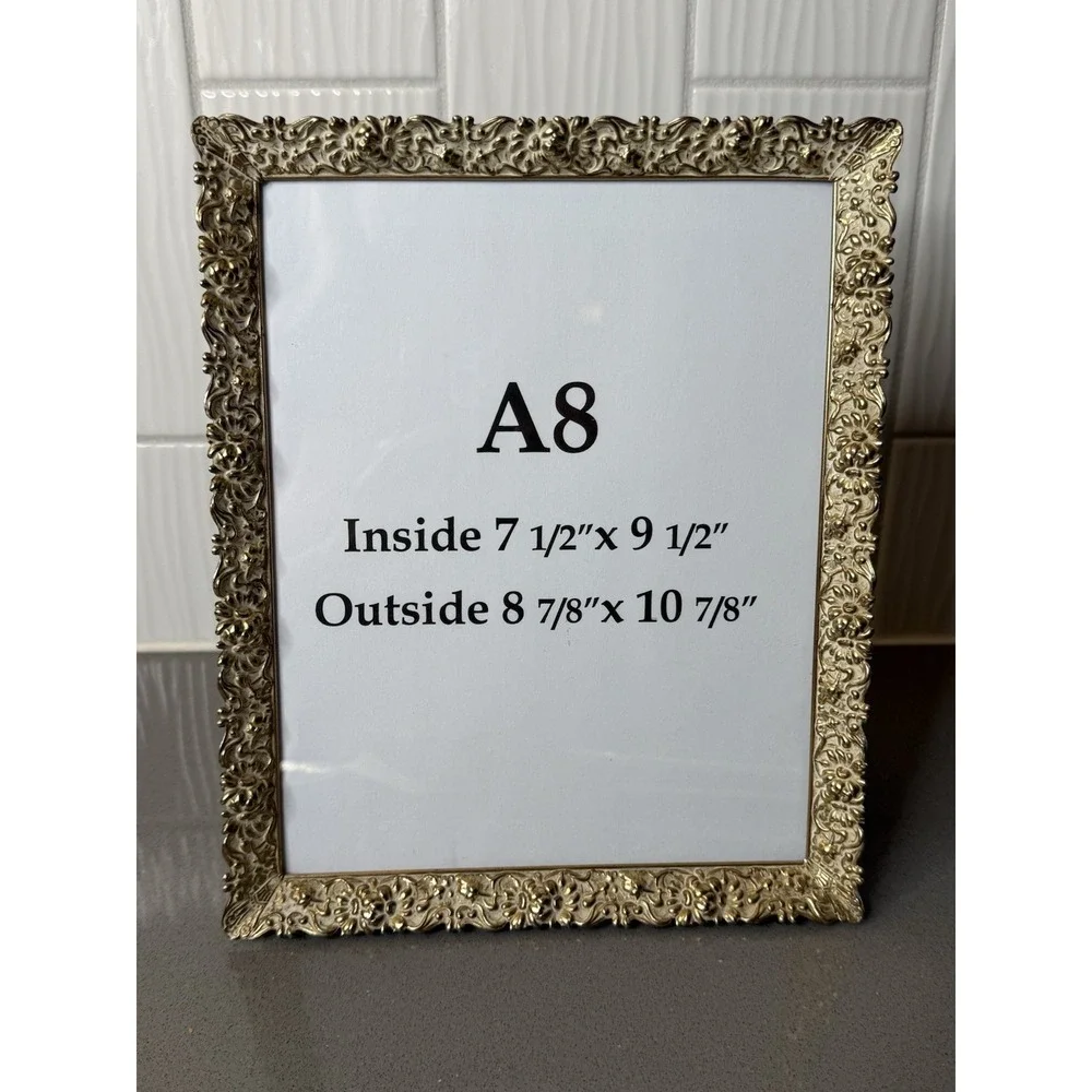 Vintage Brass Picture Metal Frame Ornate White Washed Gold Tone 7.5x9.5 EUC
